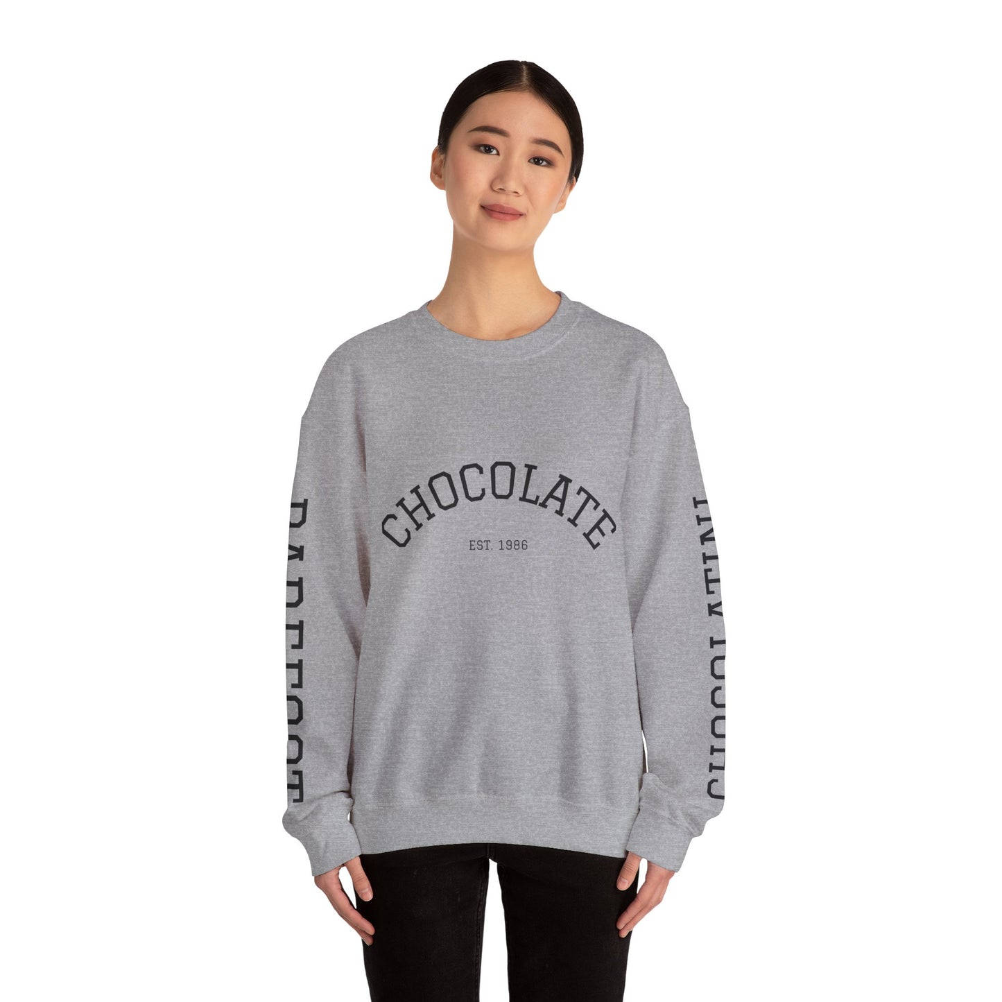 Chocolate Crewneck Sweatshirt — 'CHOCOLATE' Arched Logo Pullover with Sleeve Text