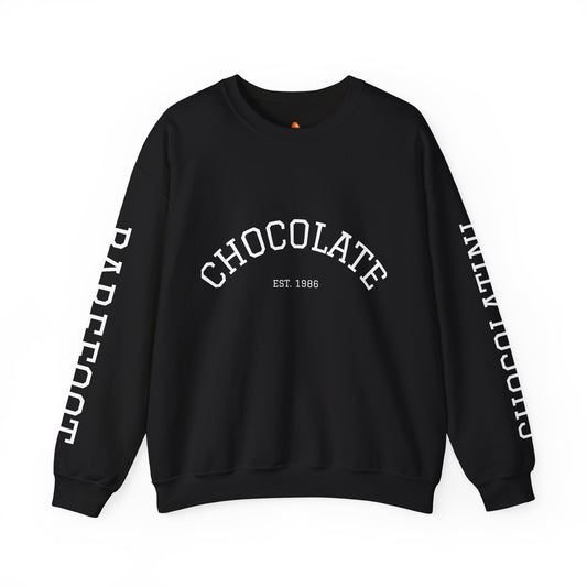 Chocolate Crewneck Sweatshirt — 'CHOCOLATE' Arched Logo Pullover with Sleeve Text