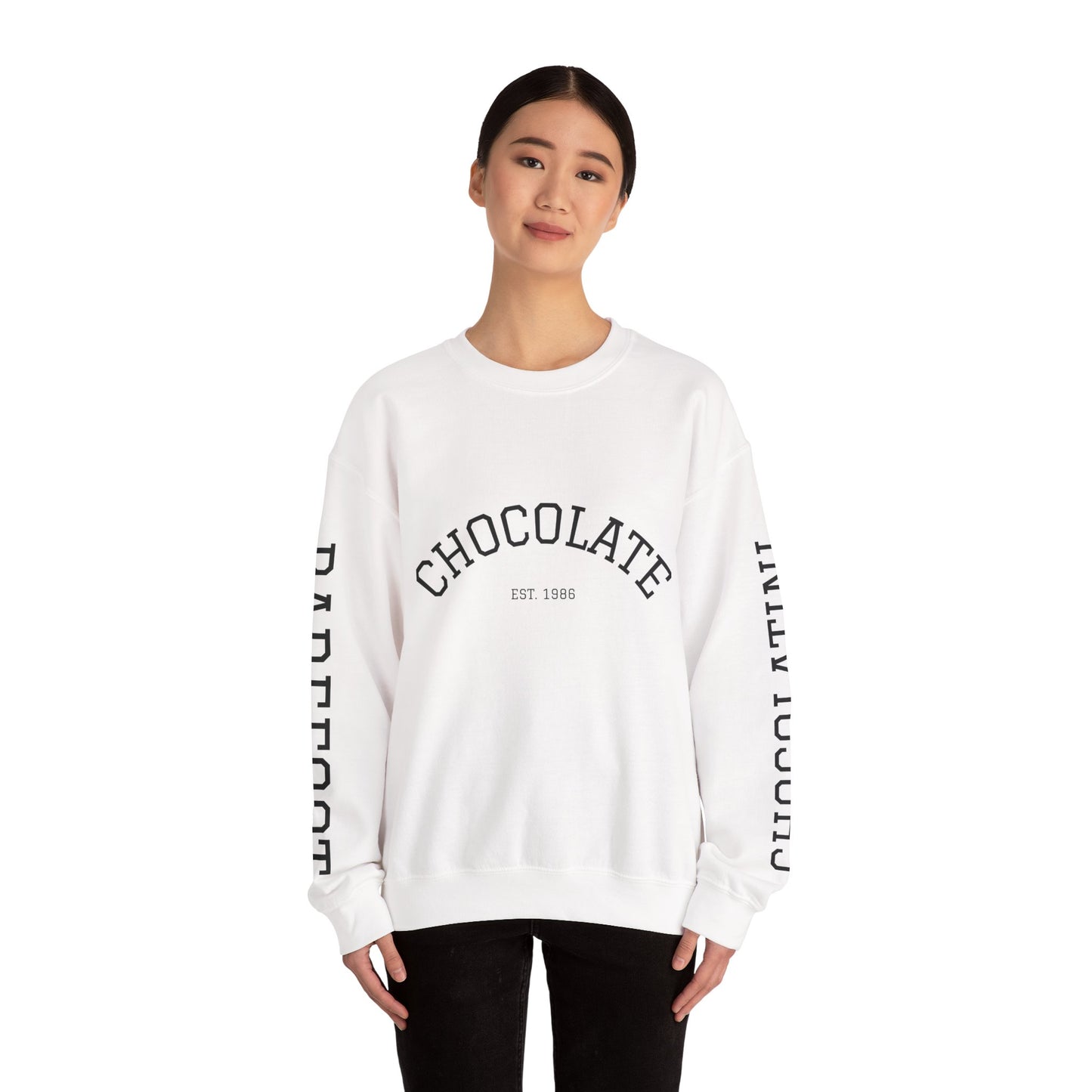 Chocolate Crewneck Sweatshirt — 'CHOCOLATE' Arched Logo Pullover with Sleeve Text