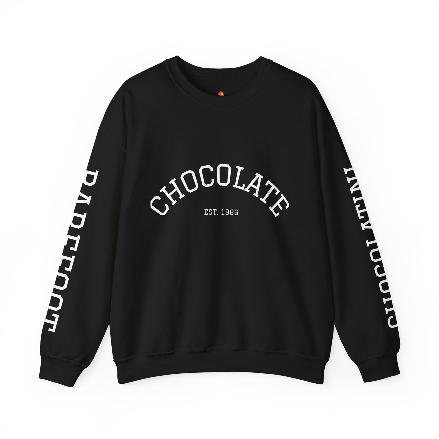 Chocolate Crewneck Sweatshirt — 'CHOCOLATE' Arched Logo Pullover with Sleeve Text