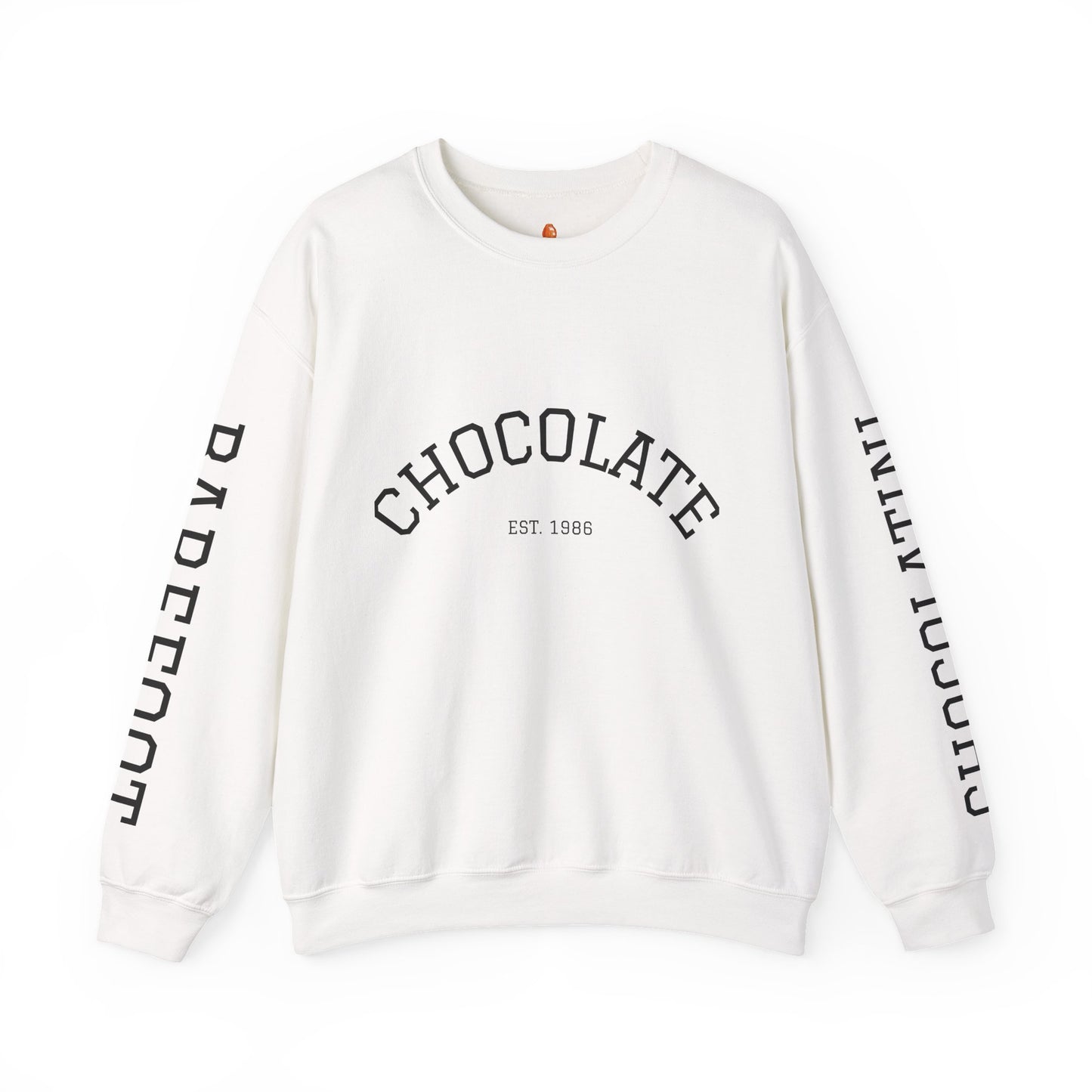 Chocolate Crewneck Sweatshirt — 'CHOCOLATE' Arched Logo Pullover with Sleeve Text