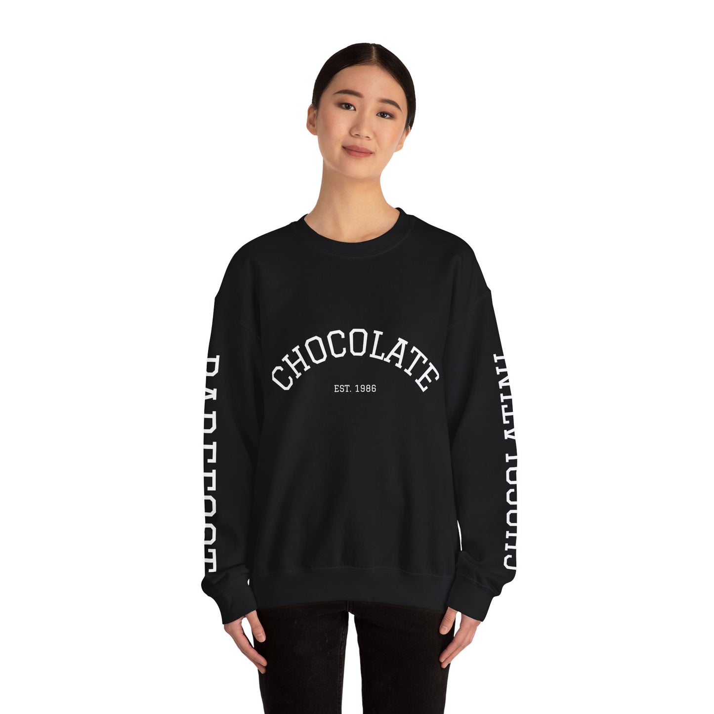 Chocolate Crewneck Sweatshirt — 'CHOCOLATE' Arched Logo Pullover with Sleeve Text