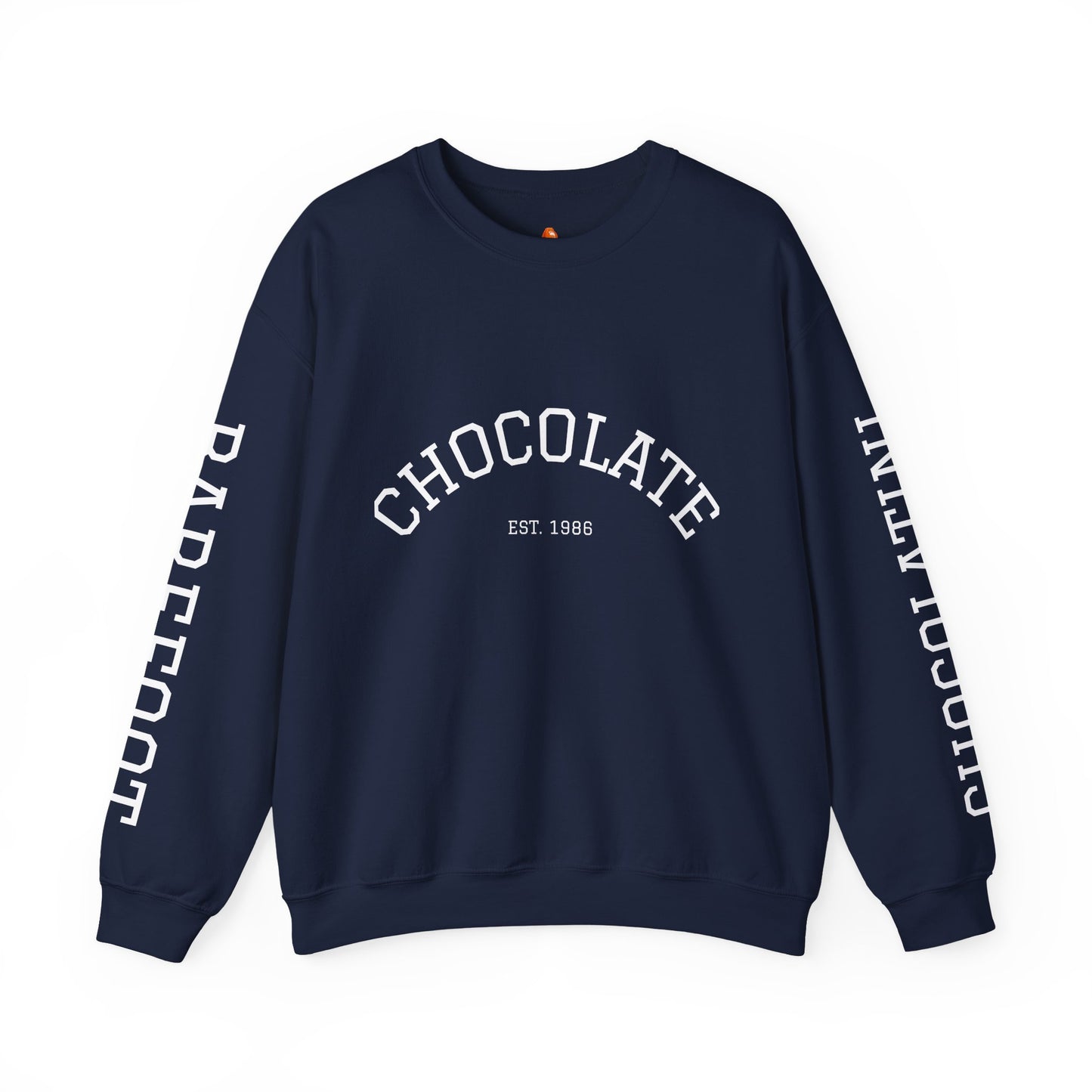 Chocolate Crewneck Sweatshirt — 'CHOCOLATE' Arched Logo Pullover with Sleeve Text
