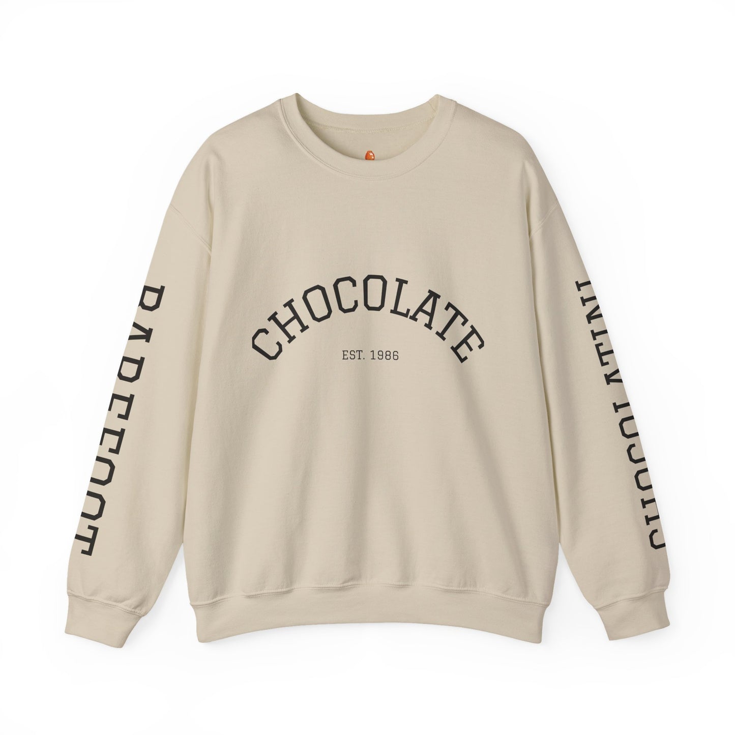 Chocolate Crewneck Sweatshirt — 'CHOCOLATE' Arched Logo Pullover with Sleeve Text