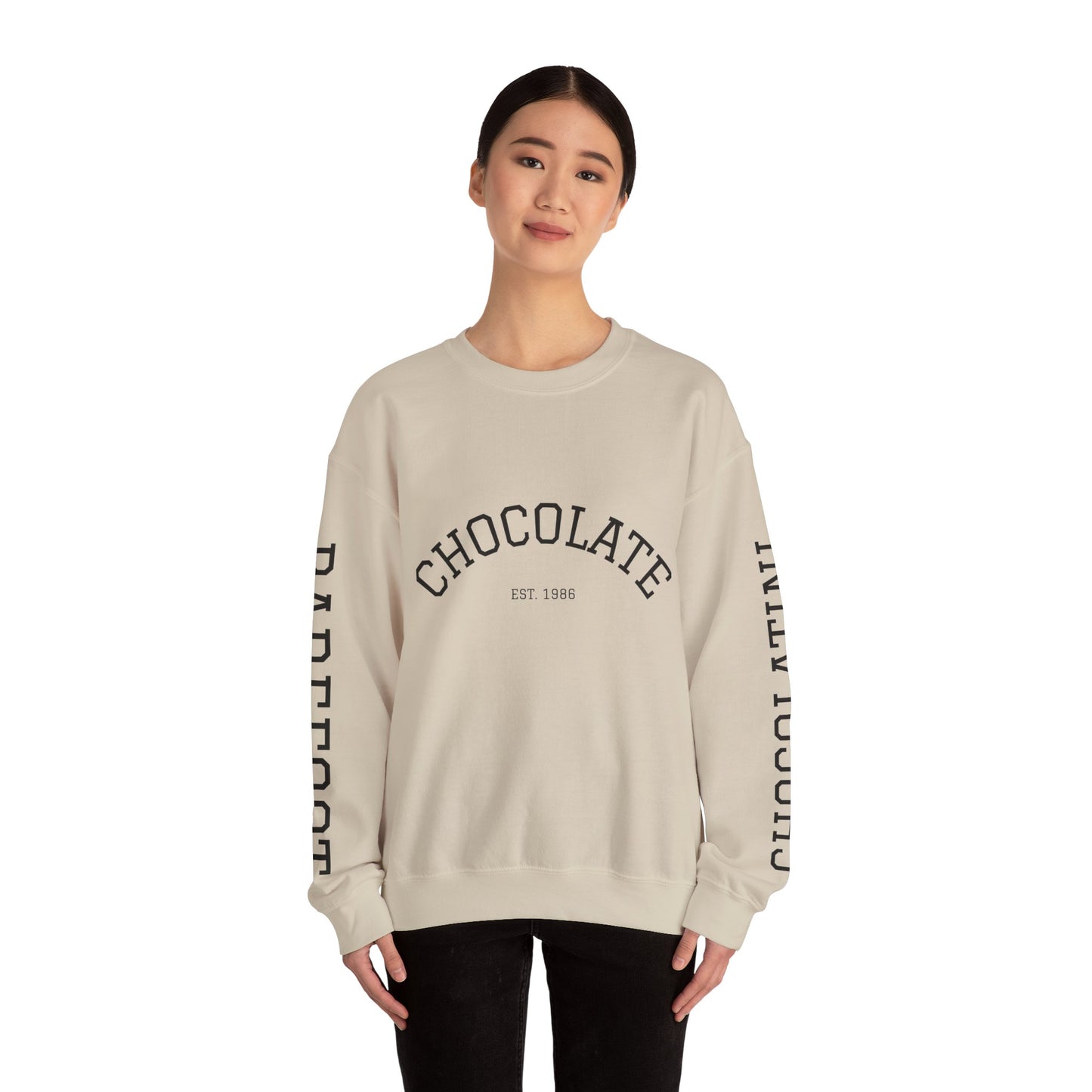 Chocolate Crewneck Sweatshirt — 'CHOCOLATE' Arched Logo Pullover with Sleeve Text