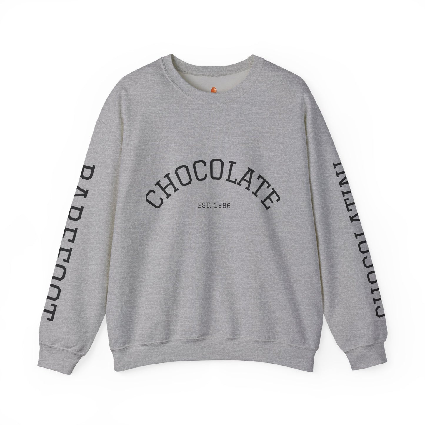 Chocolate Crewneck Sweatshirt — 'CHOCOLATE' Arched Logo Pullover with Sleeve Text