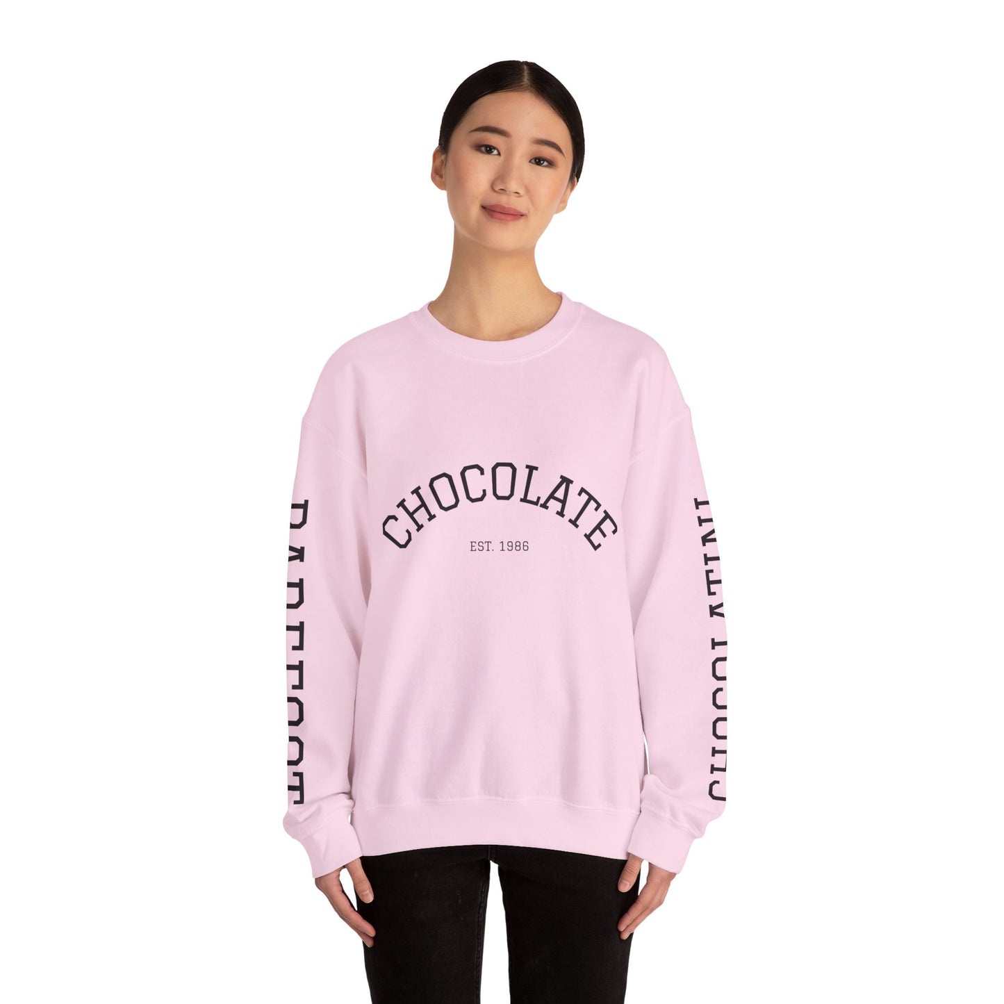 Chocolate Crewneck Sweatshirt — 'CHOCOLATE' Arched Logo Pullover with Sleeve Text