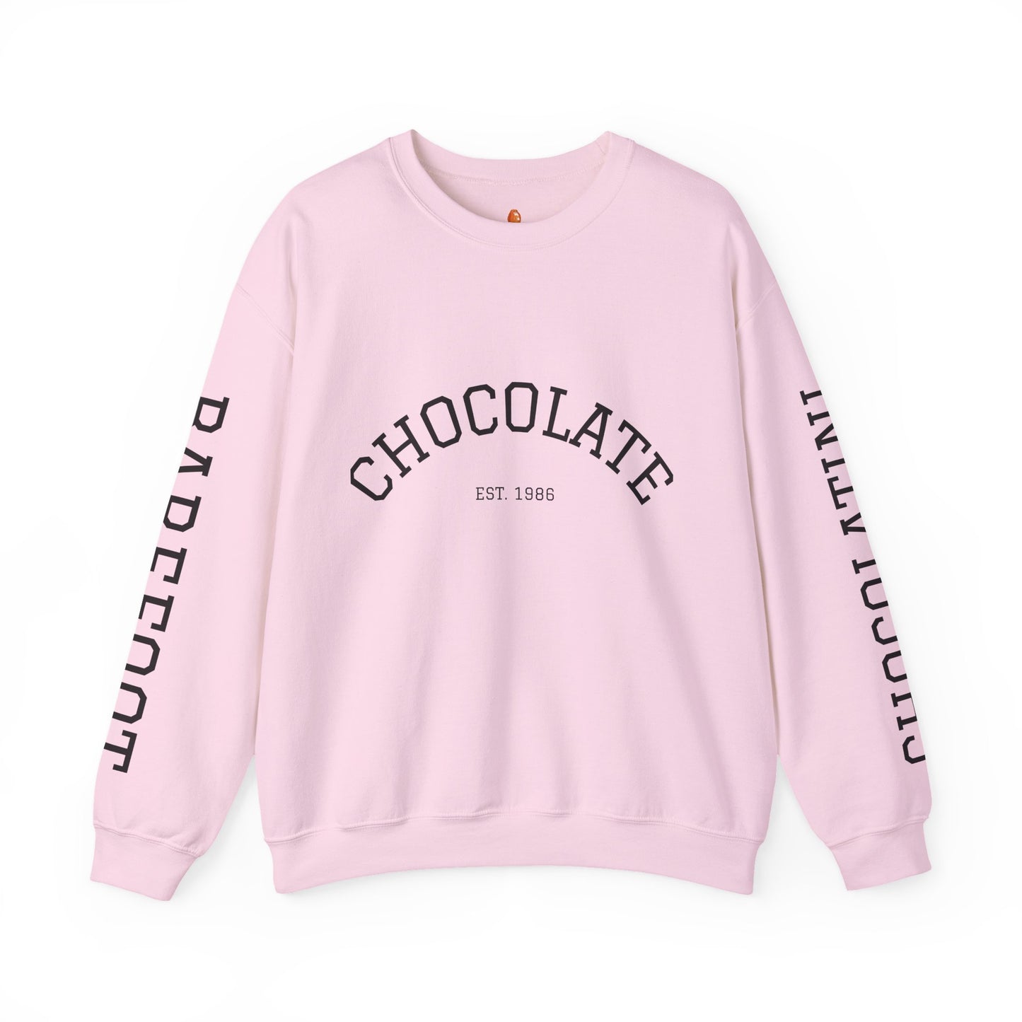 Chocolate Crewneck Sweatshirt — 'CHOCOLATE' Arched Logo Pullover with Sleeve Text