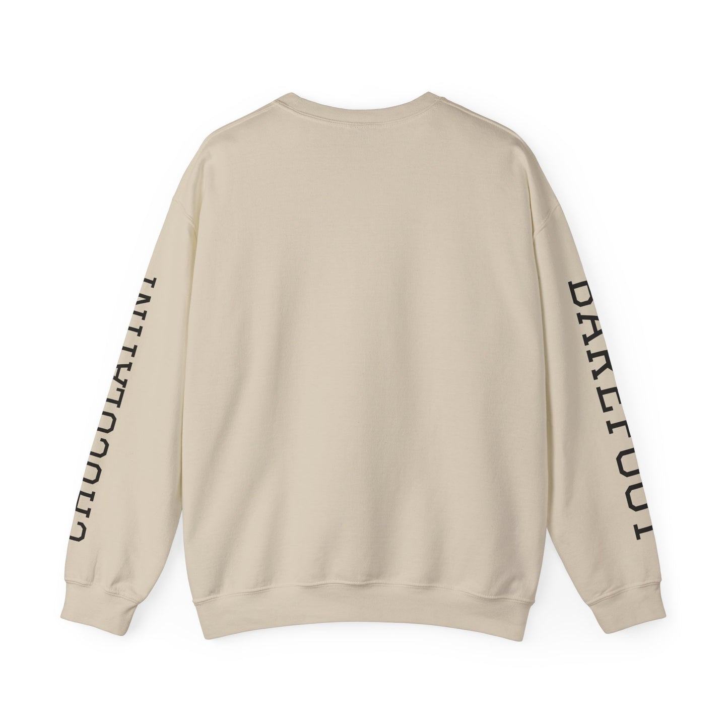 Chocolate Crewneck Sweatshirt — 'CHOCOLATE' Arched Logo Pullover with Sleeve Text