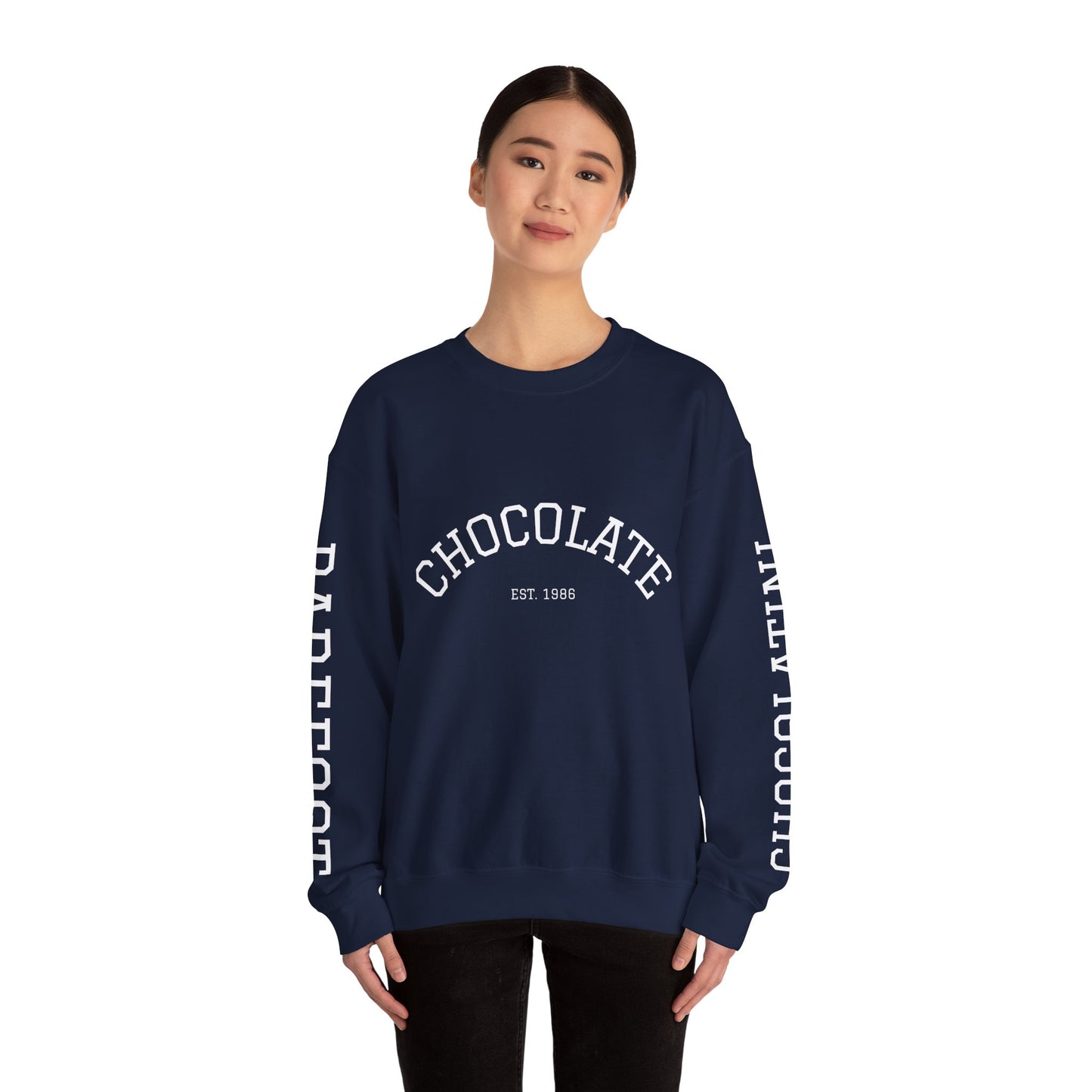 Chocolate Crewneck Sweatshirt — 'CHOCOLATE' Arched Logo Pullover with Sleeve Text